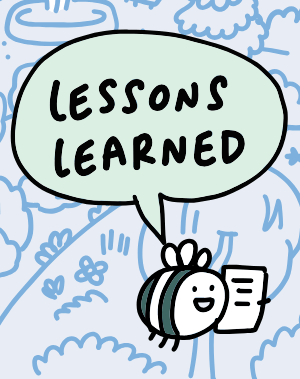 A bee with a sheet of paper saying "Lessons Learned"