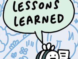 A bee with a sheet of paper saying "Lessons Learned"