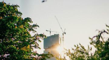 Construction site of "Amazon Tower" in Berlin-Friedrichshain, Germany during summer