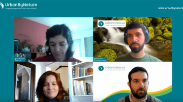 Image of four people in an online meeting discussing UrbanByNature Spain.