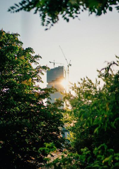 Construction site of "Amazon Tower" in Berlin-Friedrichshain, Germany during summer